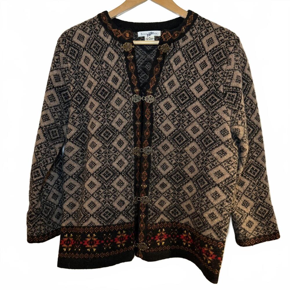 Vintage Susan Bristol Nordic 100% Wool Cardigan, Metal Clasps Geometric SM Y2K